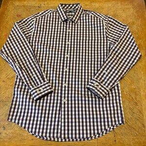 COLE HAAN Mens Burgandy White Plaid Grand Os Performance Button Down Shirt Sz L